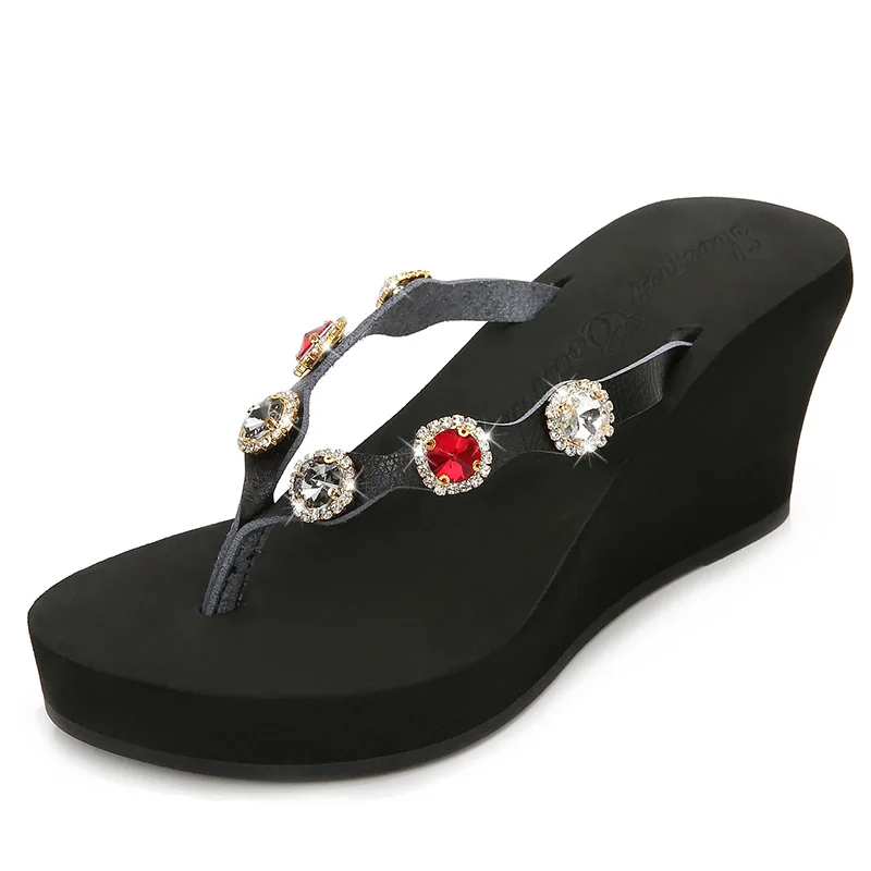 Summer crystal beaded wedges with thick soles and comfortable flip flops beach cake slippers for women