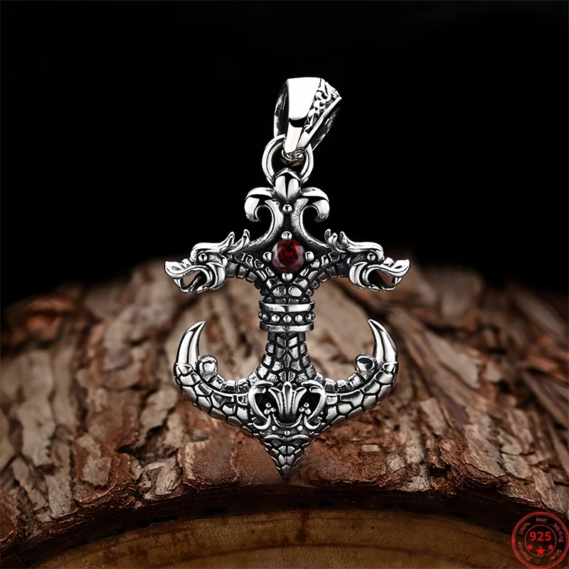 

BOCAI NEW S925 Silver Pendant for Men Women Antique Process Soaring Loong Ship Anchor Zircon Charm Amulet Fine Jewelry Wholesale