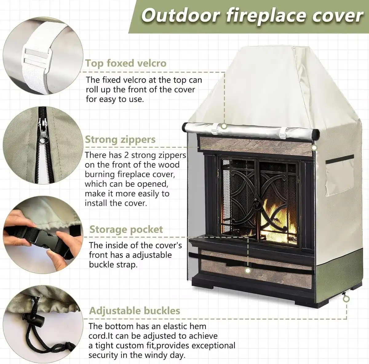 Outdoor Fireplace Cover Waterproof UV Resistant Beige Heavy Duty Wood Burning Patio Fireplace Protector Zipper Pocket Adjustable