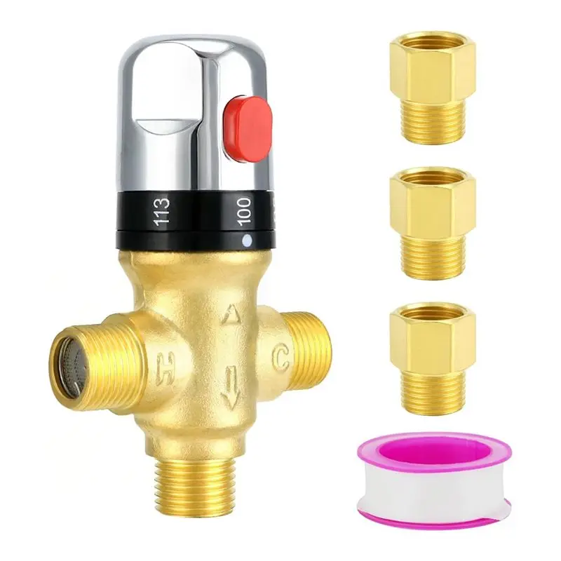B52C Thermostatic Mixing Valve, Solid Brass Pipe Water Valve With Temperature Control - 1/2 NPT - Includes 3 Adapters,