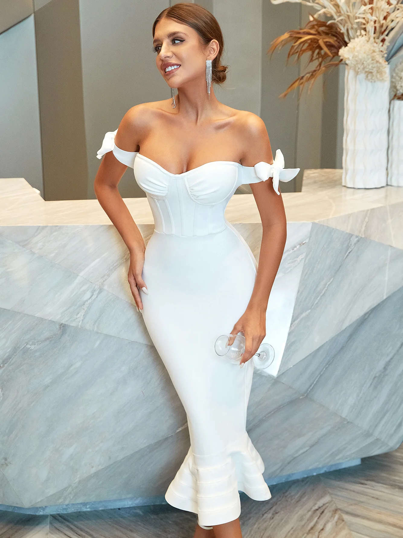 

New Summer Off Shoulder Bandage Mermaid Dress Sexy Bow Sleeve Bodycon Club Celebrity Evening Party Dresses Vestidos