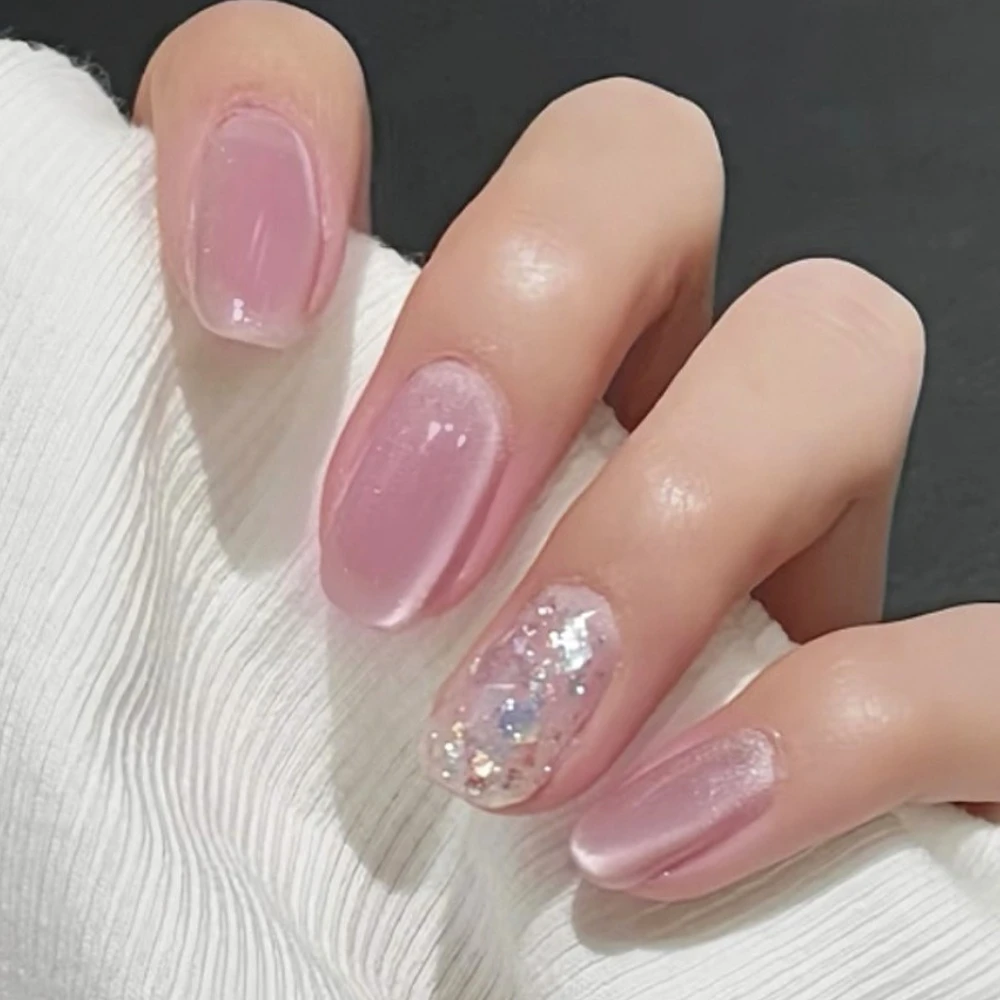 

Sequins Glitter Powder Pink Cat Eye Wearable Nail Art Fashion Sparkling Fake Nail Detachable Finished False Nails Press on Nails