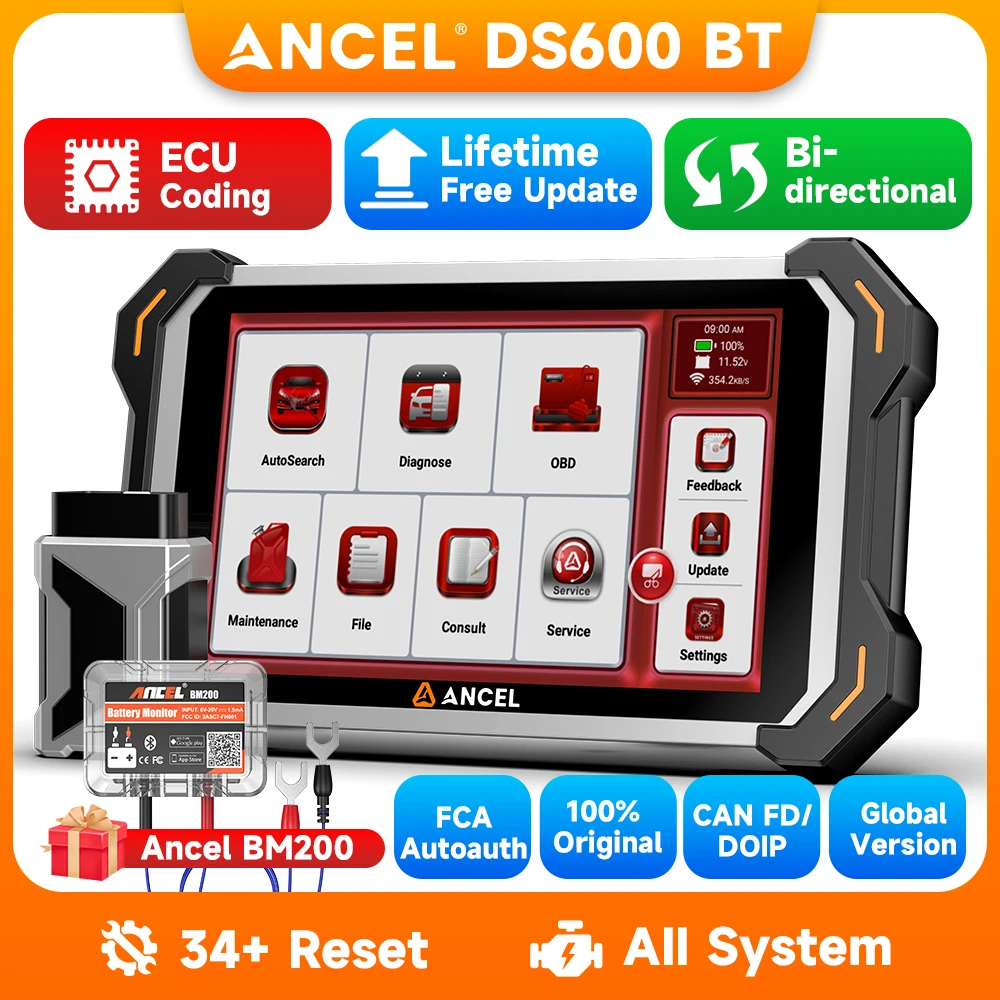 

ANCEL DS600 BT Автомобильный двунаправленный диагностический сканер для всех систем, IMMO, кодирования ключей ECU, диагностики CAN-FD, FCA Auto, 34+ сервисных функций, считыватель кодов
