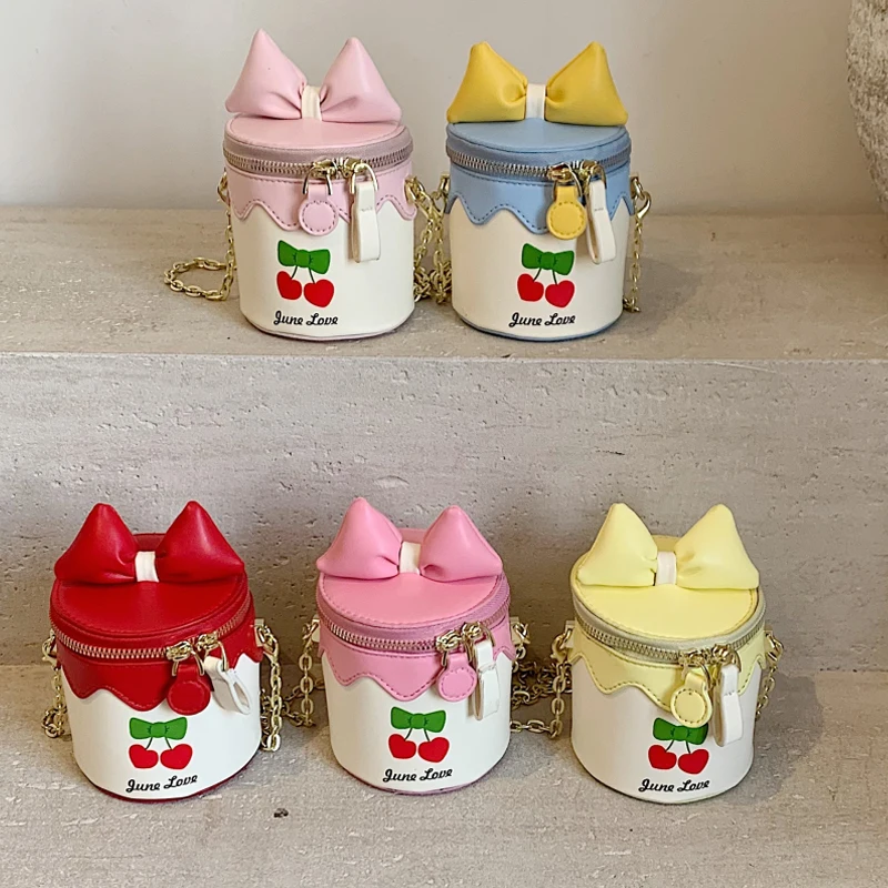 

Fashion Cute Bow Candy Color Girls Side Bags Cherry Printed Chain Strap Kids Small Bucket Bag Children Crossbody Messenger Purse