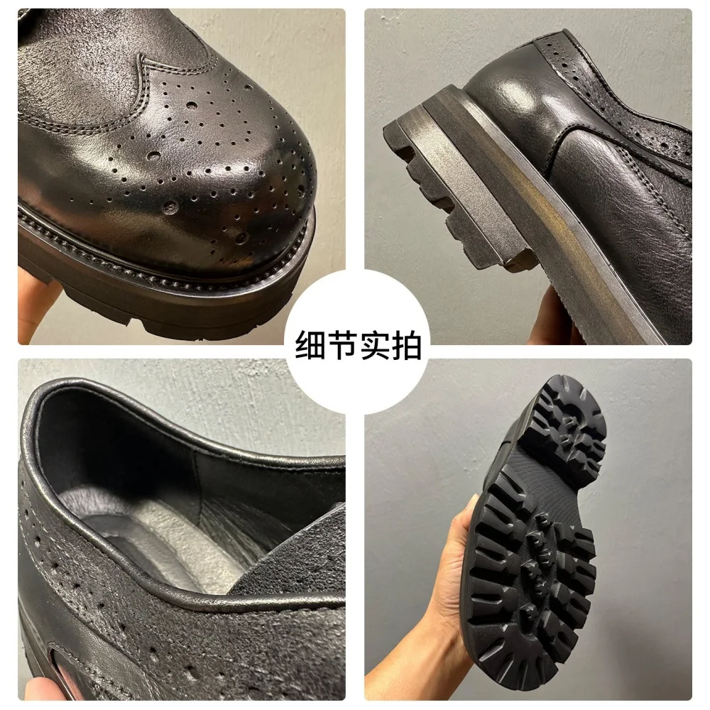 أحذية QHCCID الرجالية العصرية المصنوعة يدويًا من جلد البقر مع منحوتة عتيقة لزيادة الارتفاع أحذية رجالية