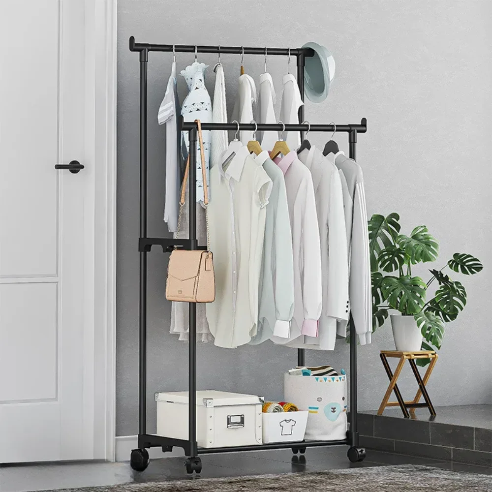 Clothes Rack Double Rod Multifunctional Portable Hanger Bedroom Shelf  With Wheel Shelf Storage Clothes Rack Floor Movable Coat