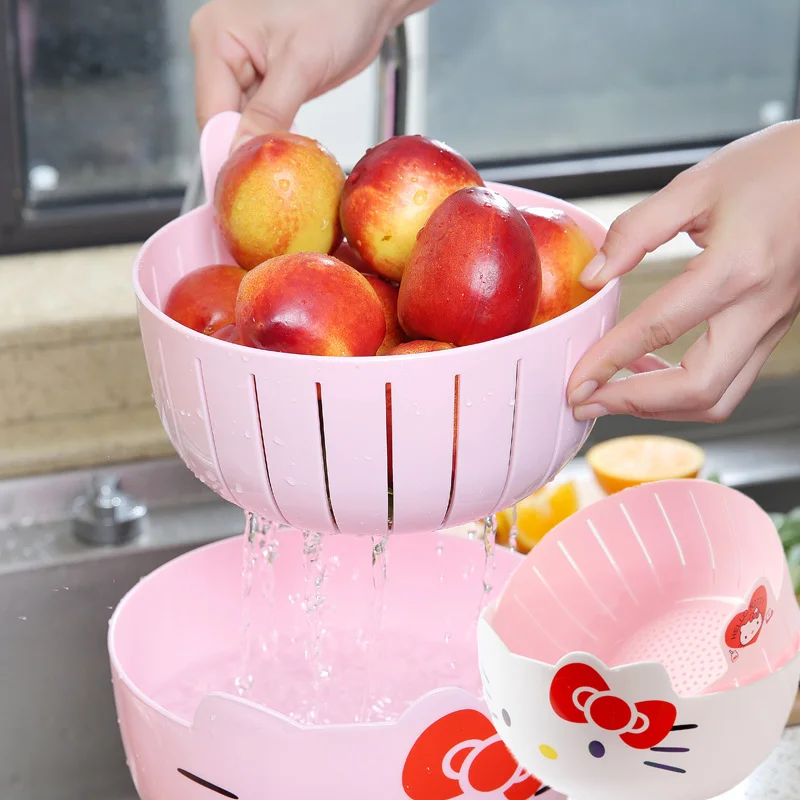 Hello Kitty Fruit Tray Vegetable Basket  Household Use Double Kitchen Storage Basketful Convenient Fruit Dish Kitchen Supplies