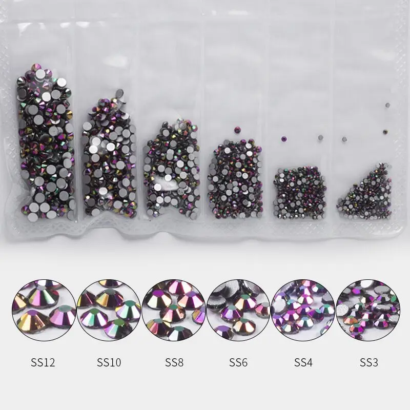 1440pcs Rainbow Rose Gold Shiny Rhinestone for Nails AB Color SS3-12 Glass Crystal Flame Diamond Stones 3D Nail Art Decorations