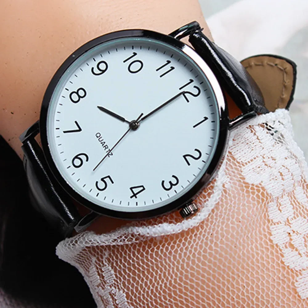 Fashion Women's Watch Arabic Number Unisex Strap Minimal Round Dial Classic Black Leather Strap Ladise Watches Wrist Watch