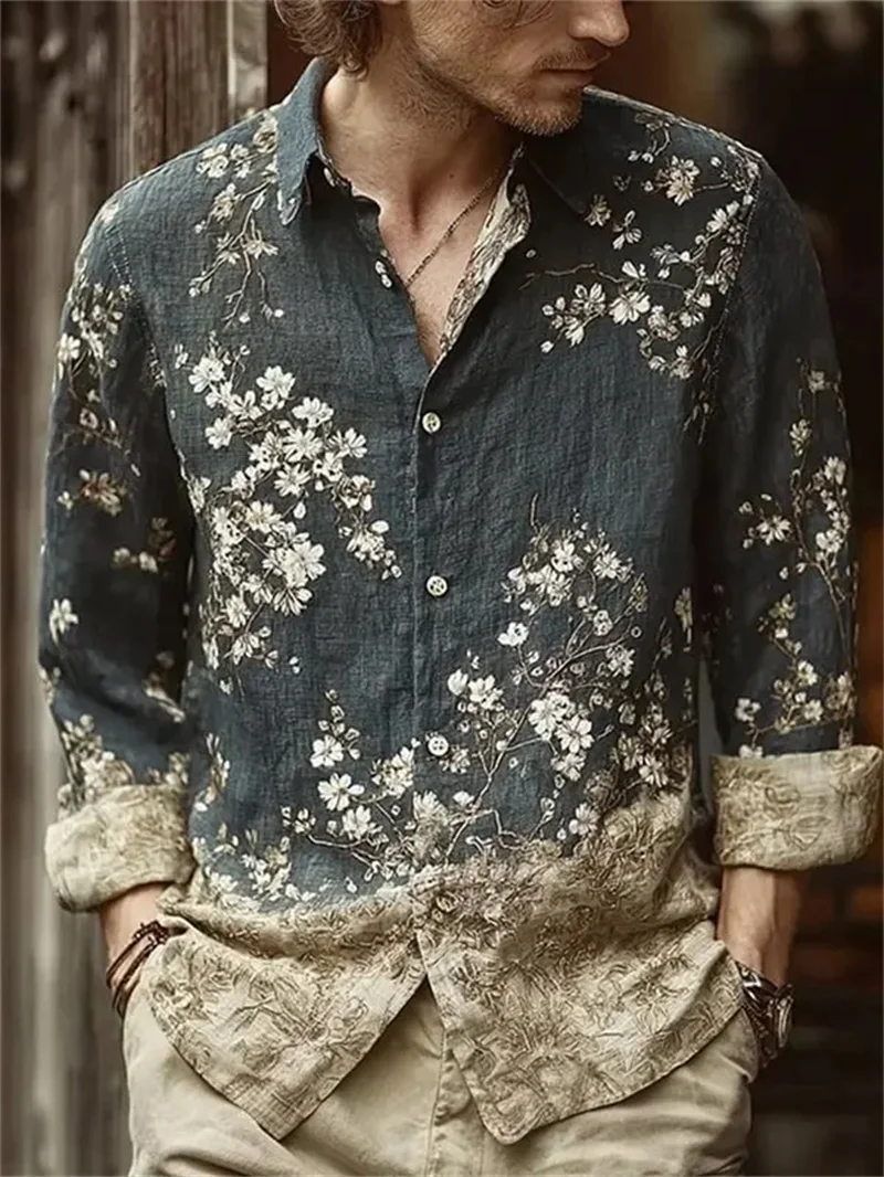 New ginger yellow distressed texture black vine vine rolled leaf plant print men's lapel casual long sleeved shirt