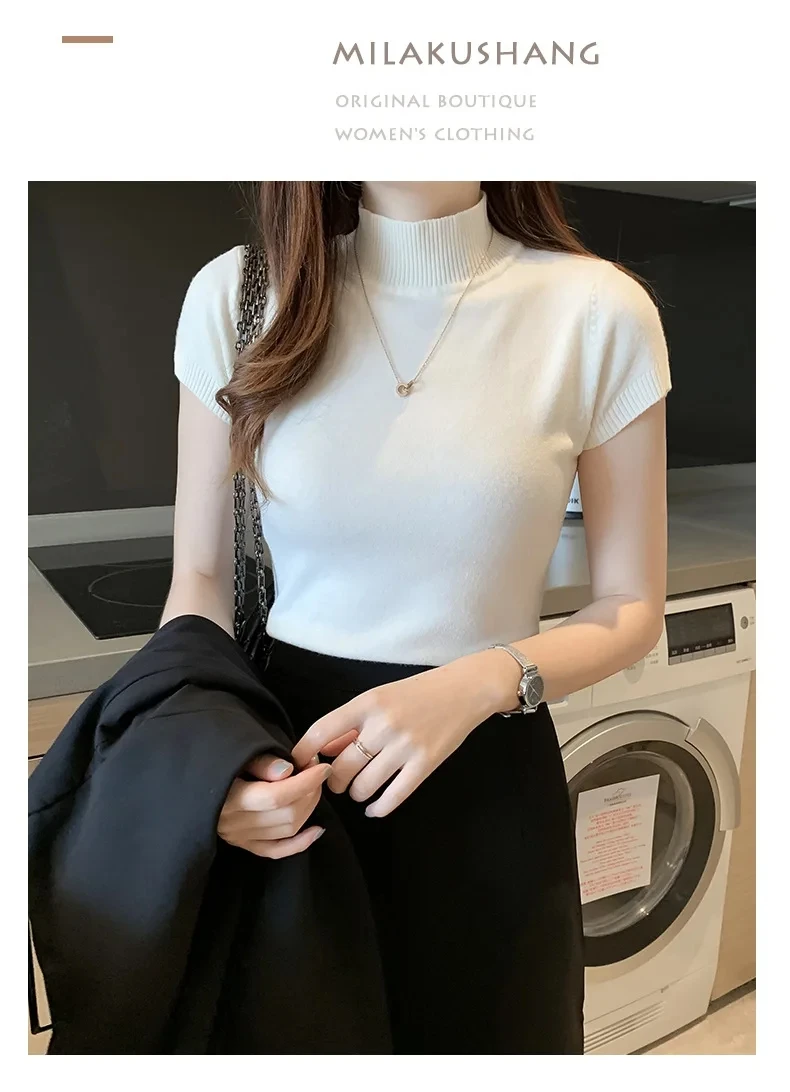 Damen-T-Shirt mit halbhohem Ausschnitt, modischer Pullover, lässige Oberteile, koreanischer Stil, elegante einfarbige Kleidung, Frühlings- und Sommersaison – Detail 1