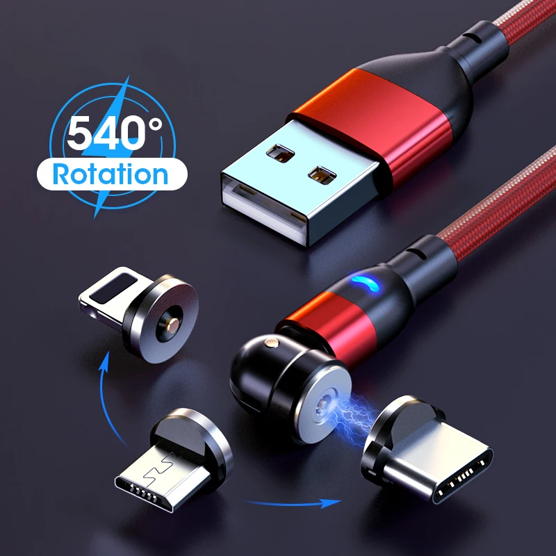 AUFU 540 Rotate Magnetic Cable Magnet Charger Micro USB Type C Cable For Xiaomi Realme 2.4A Fast Charging Wire Cord For iPhone