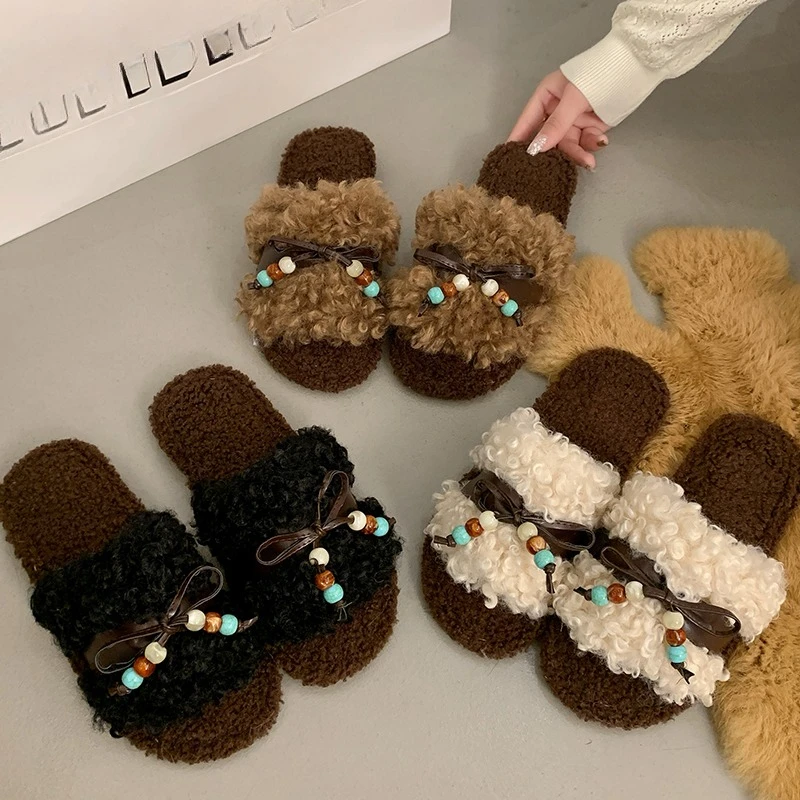 Fashion Comfortable Micro-Curl Fur Slippers Women's Home Warm Resistant to Dirt Single Strap Slippers Autumn Winter New Arrival