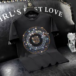 2025 Lion Rhinestones T Shirts Men Clothing Fashion Streetwear Modal Cotton O Neck Short Sleeve Slim Tshirts Man Plus Size 7XL