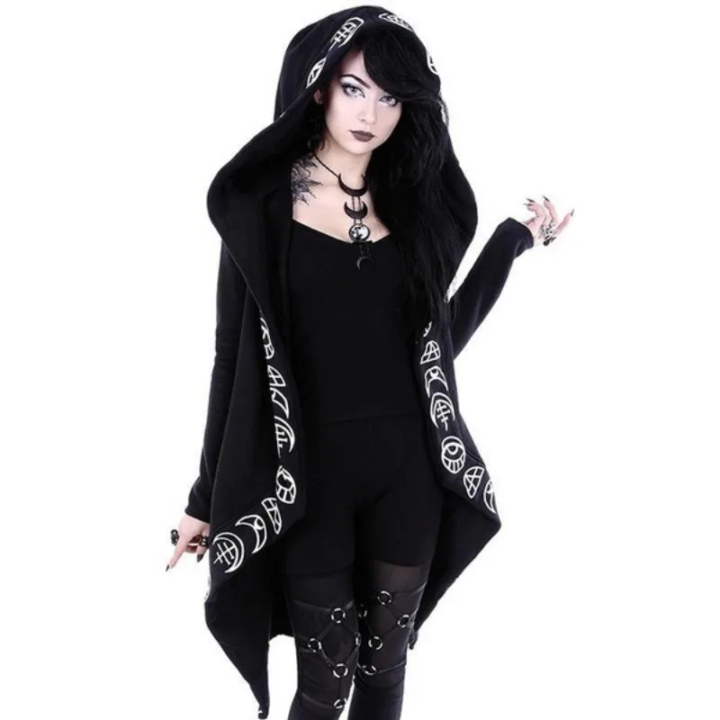 Gothic Punk Long Hoodies Women Sweatshirts 2023 Halloween Moon Print Long Sleeve Streetwear Women\'s Loose Coat Hooded Cardigan