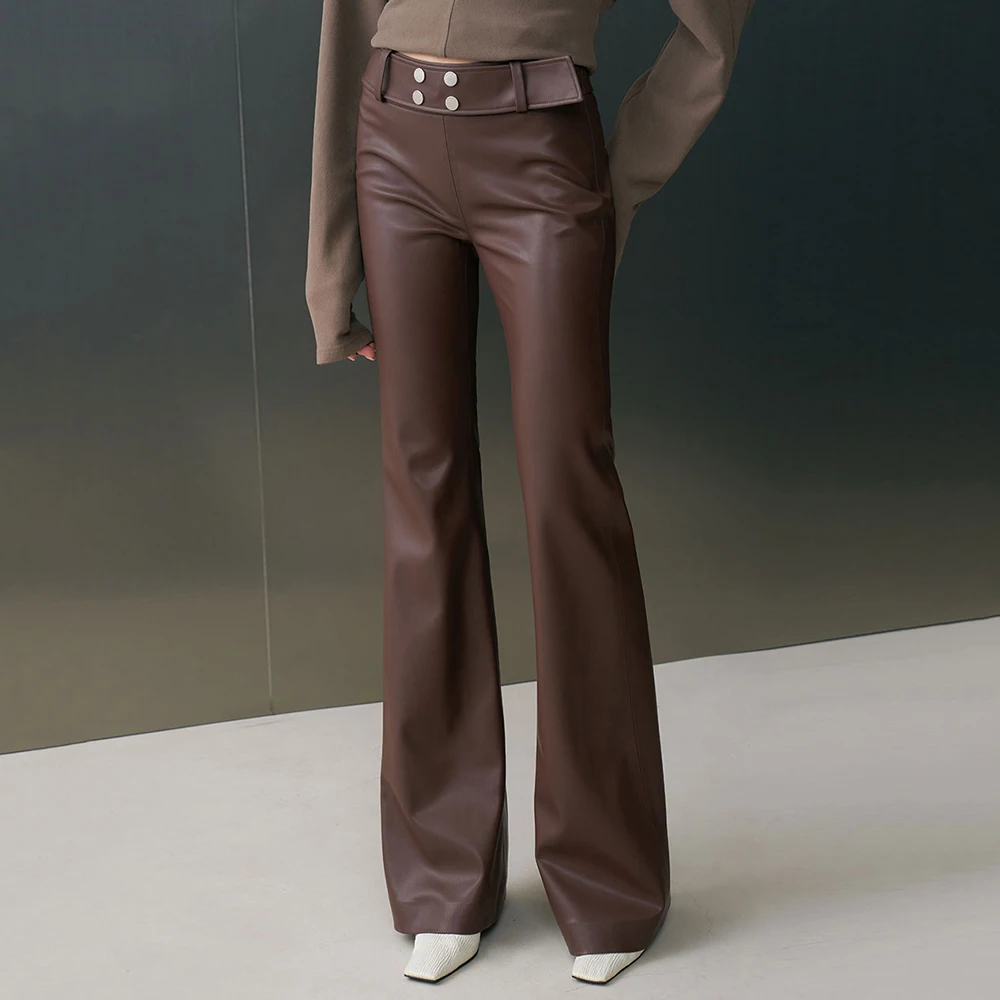 TWOTWINSTYLE Solid Spliced Sashes Chic Leather Trousers Female High Waist Slimming Streetwear Women's Pants Autumn New Fashion