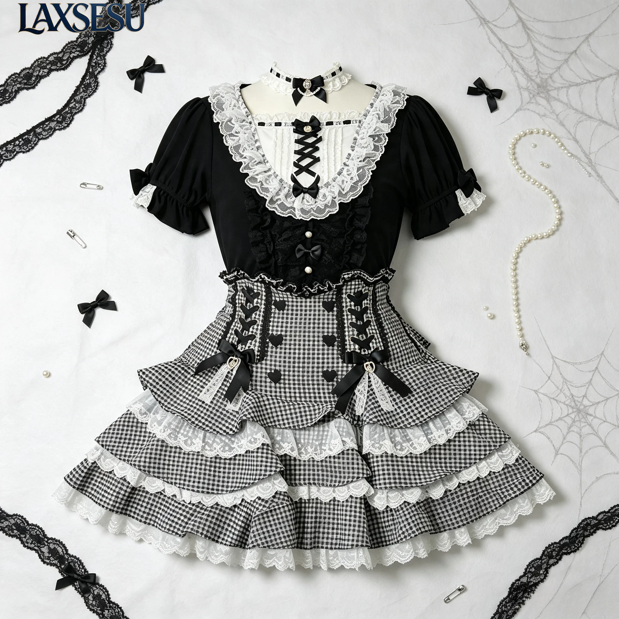 Liz T-shirt Kawaii Cute Sweet Girls Tops Bow Stitching Lace Women Clothes Summer Collar Choker Bubble Short Sleeve Tshirt