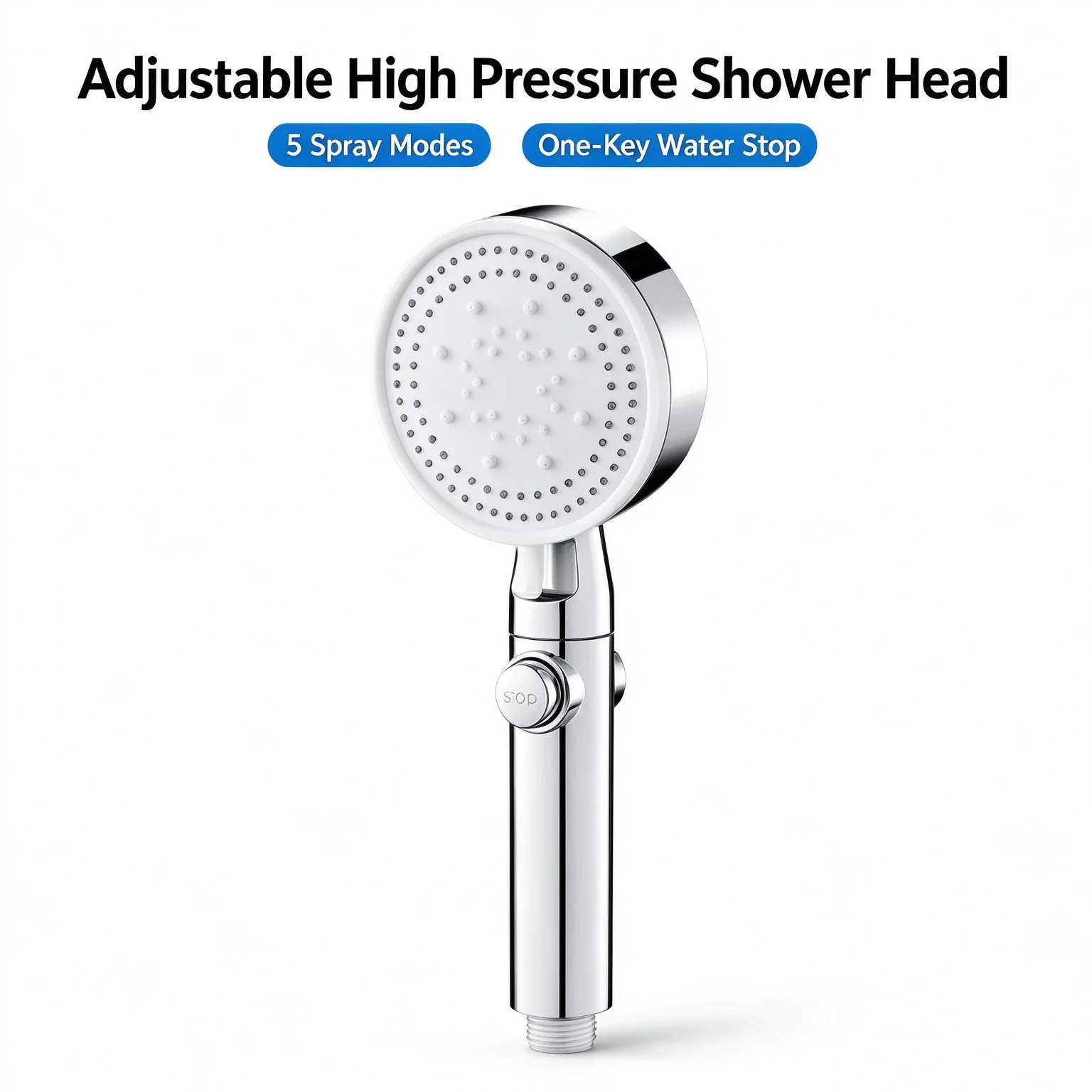 Adjustable High Pressure Shower Head 5 Modes with Hose Water Saving One-Key Stop Spray Nozzle - Bathroom Shower Accessories