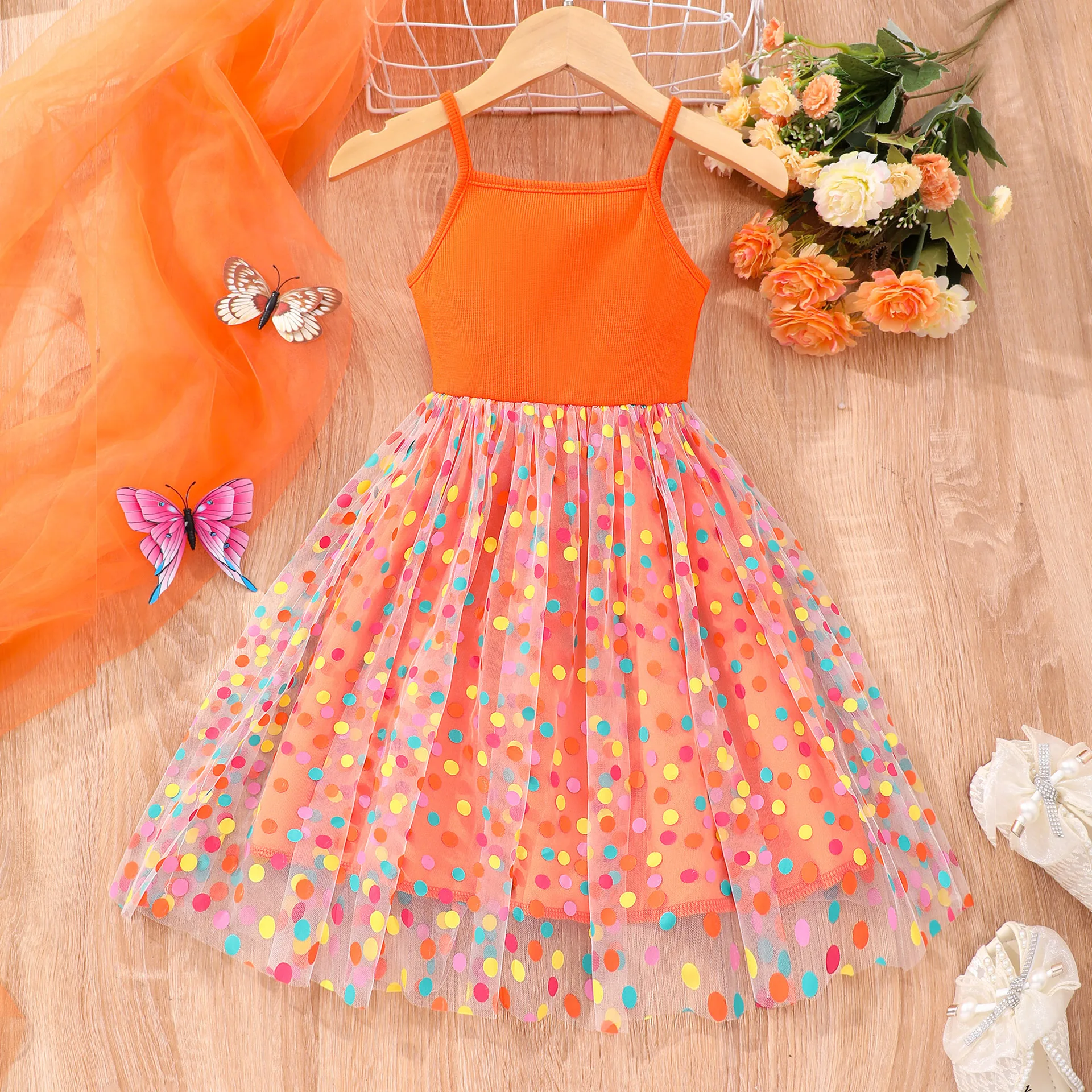 

Girl's Dress, Summer Orange Playful Polka Dot Net Yarn Suspenders