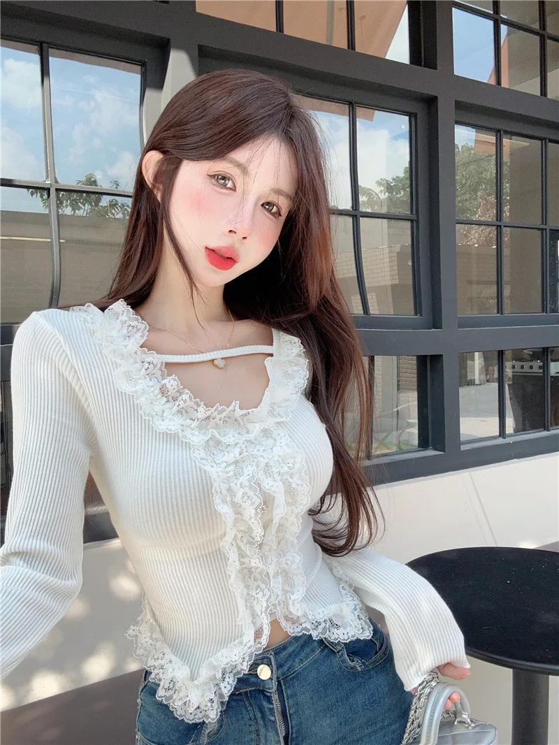 KUSAHIKI Chic Sweet Spicy Girl Knitwear 2024 Spring New Fashion Base Y2k Tops Korean Hit Color Lace Patchwork Knitted Sweaters