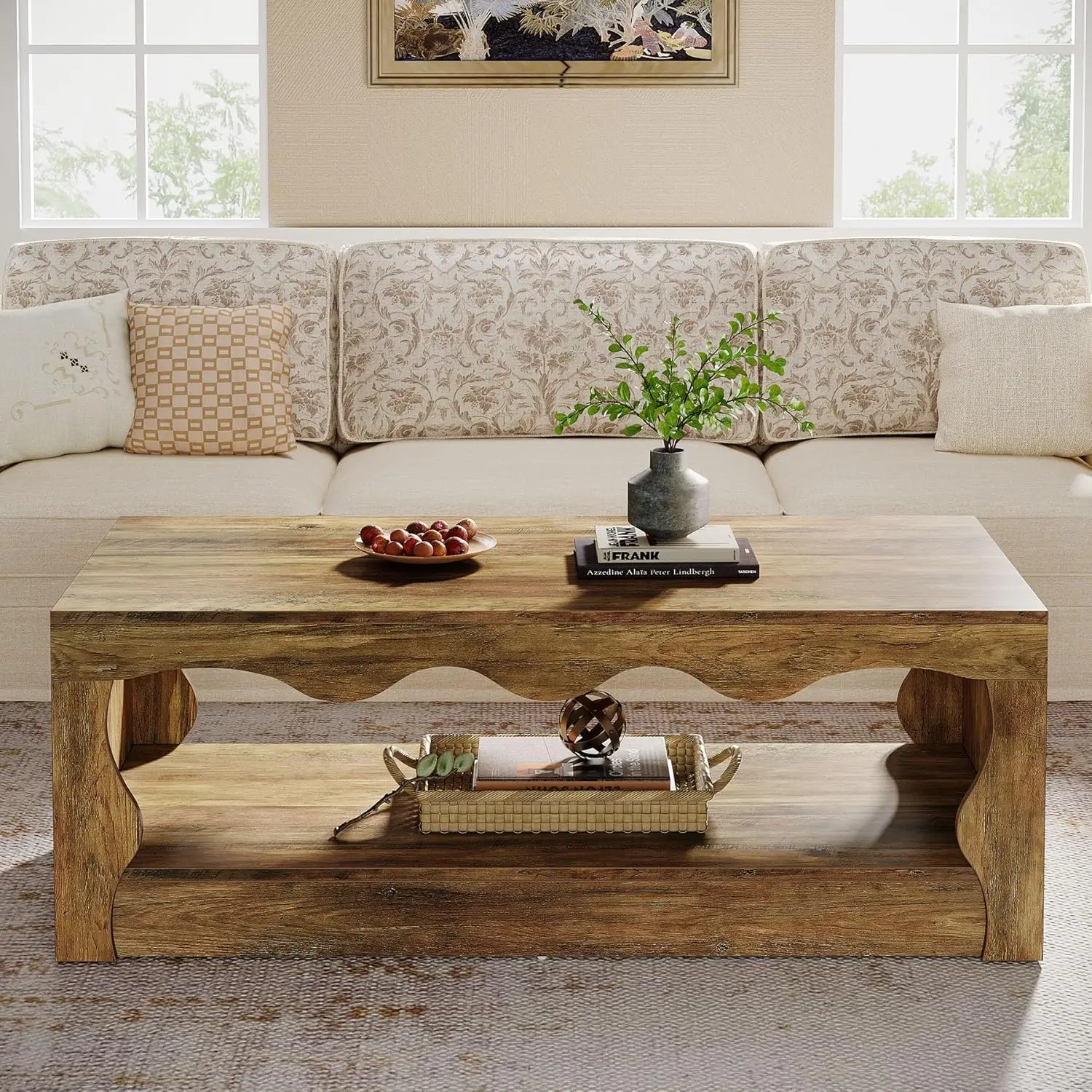 Rectangle Coffee Table, 47-Inch Farmhouse Coffee Tables for Living Room, 2-Tier Wooden Rectangular Accent Center Low Cocktail