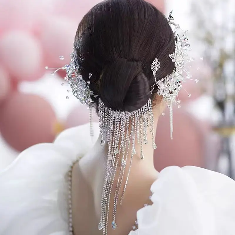 

New Korean Style Exquisite Handmade Bridal Headdress Rhinestones Flower With Tassel Hairpin Set Accessories