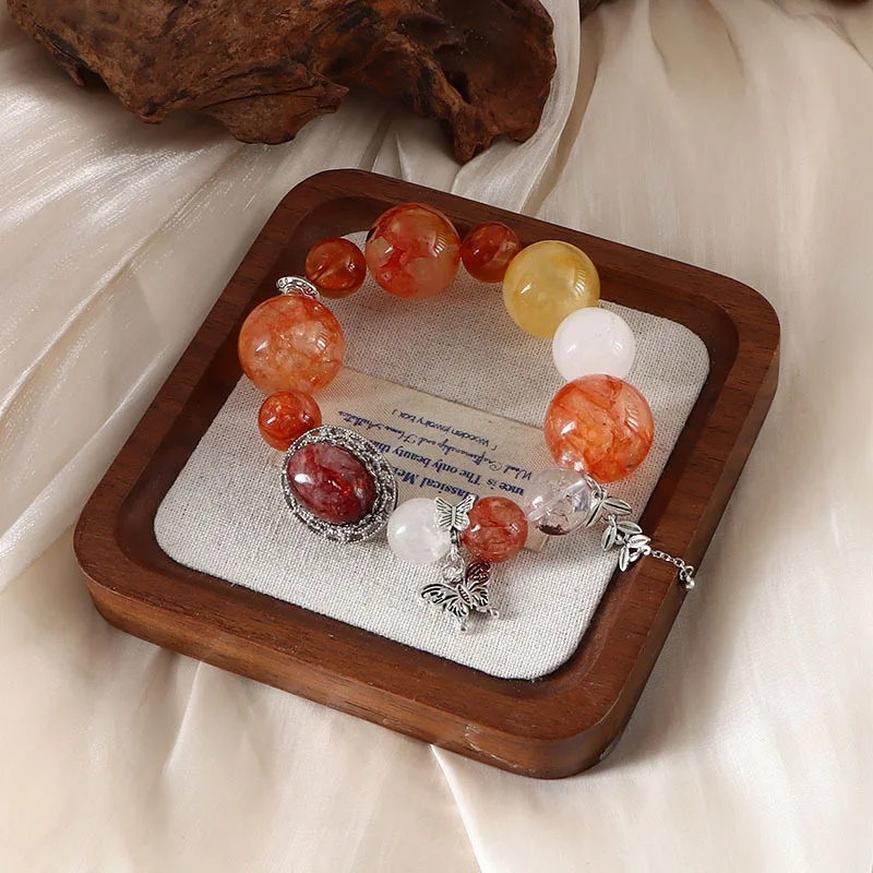 Retro 22mm Colorful Clear Natural Stone White Crystal Leaves Butterfly Oval Elastic Strand Bracelets for Women Wholesale