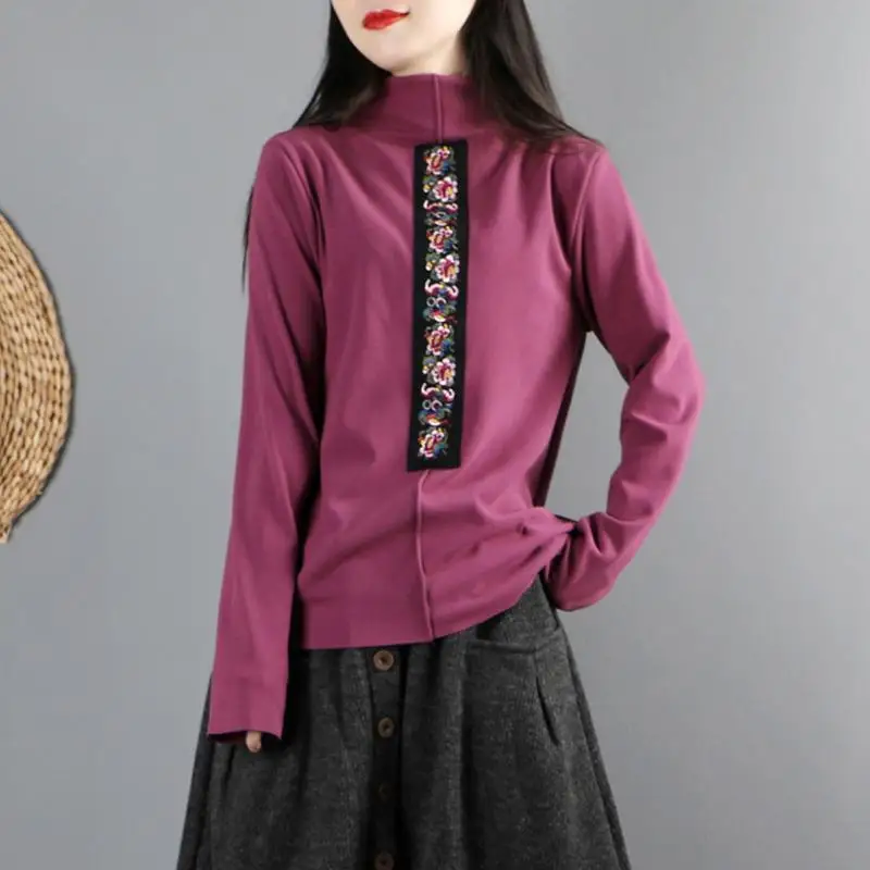 Ricamo etnico spesso velluto tedesco collo alto camicia Base donna inverno sciolto stile cinese Retro a maniche lunghe Top all'interno