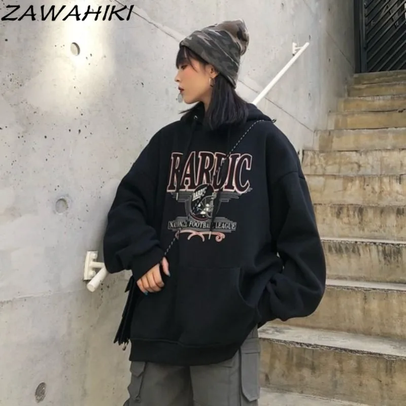 

ZAWAHIKI Sweatshirt Women Spring Fall New Arrive Loose Letter Print Preppy Chic Hoodies Fashio Harajuku Y2K Aesthetic Tops