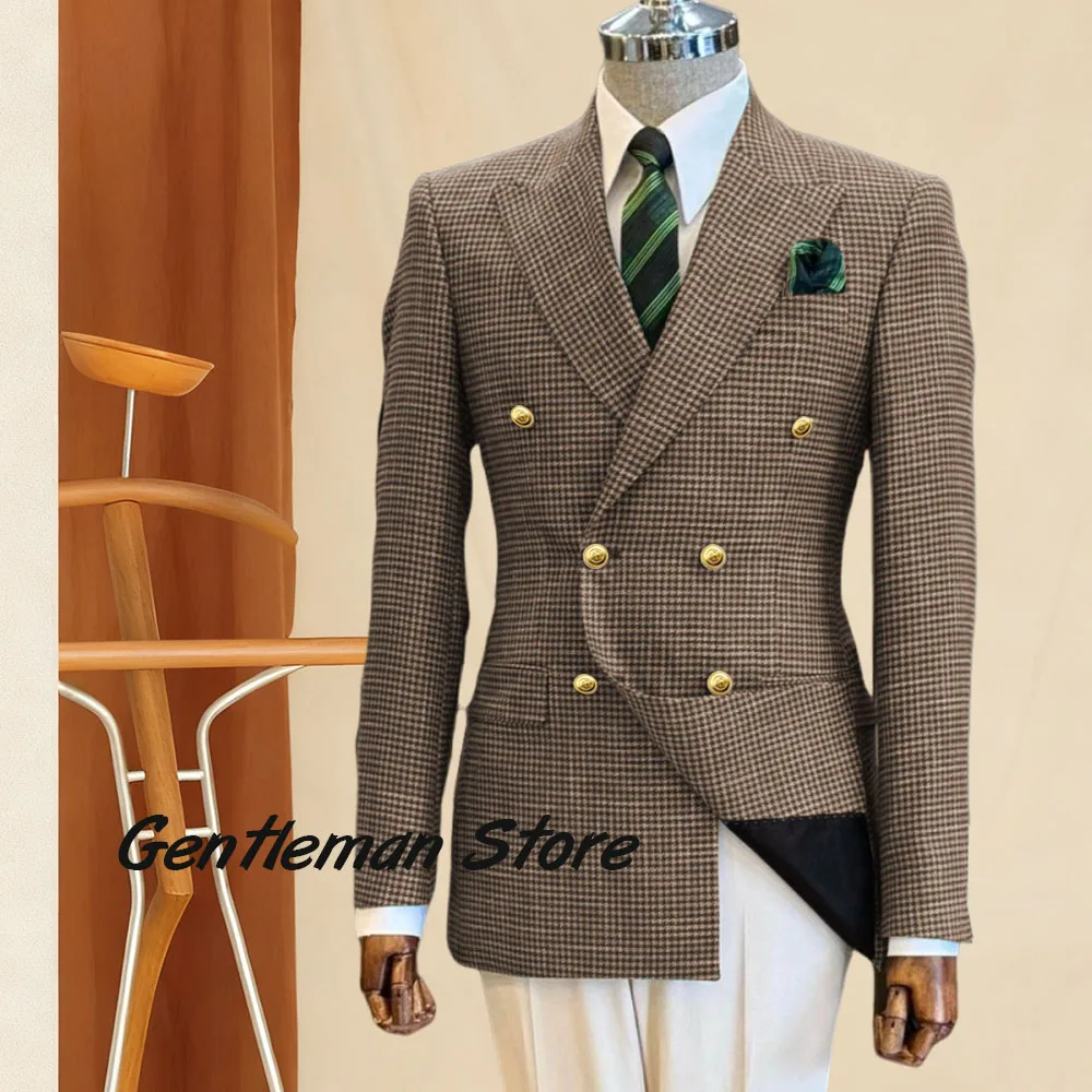 Houndstooth Wool Blend Men's Suit Jacket Fashion Man Blazers Tailor-made Suits Jacket Double breasted slim fit Suit Jacket