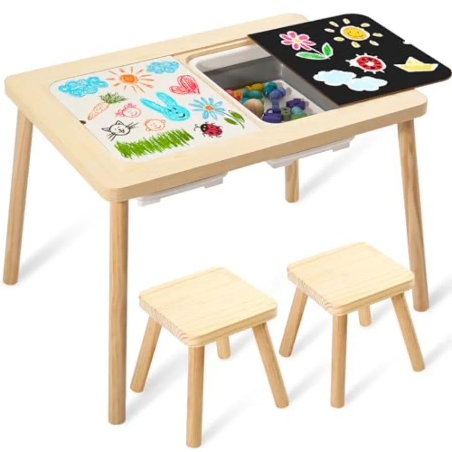 

's Sensory Table with 2 Stool and 2 Storage Bin - Multifunction Toddler Play Sand and Art Table