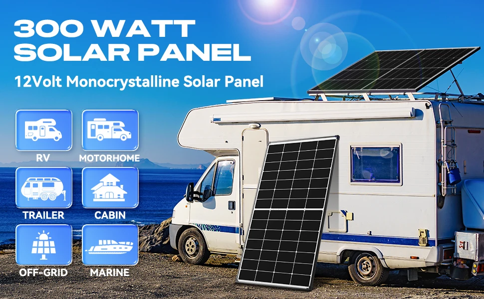 RVPOZWER 300W Solar Panel 10BB N-Type Monocrystalline 25% High Efficiency for RV Home Rooftop Off Grid Systems