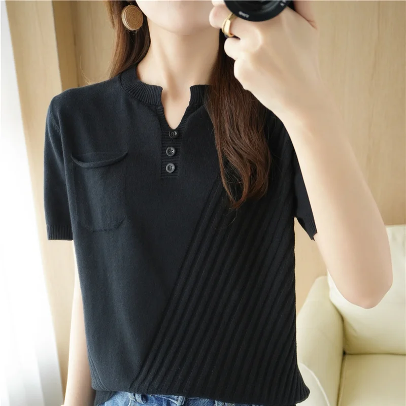 T-shirt Women\'s summer new 100% cotton pullover short sleeve loose knit V-neck top casual Korean fashion solid color short sleev