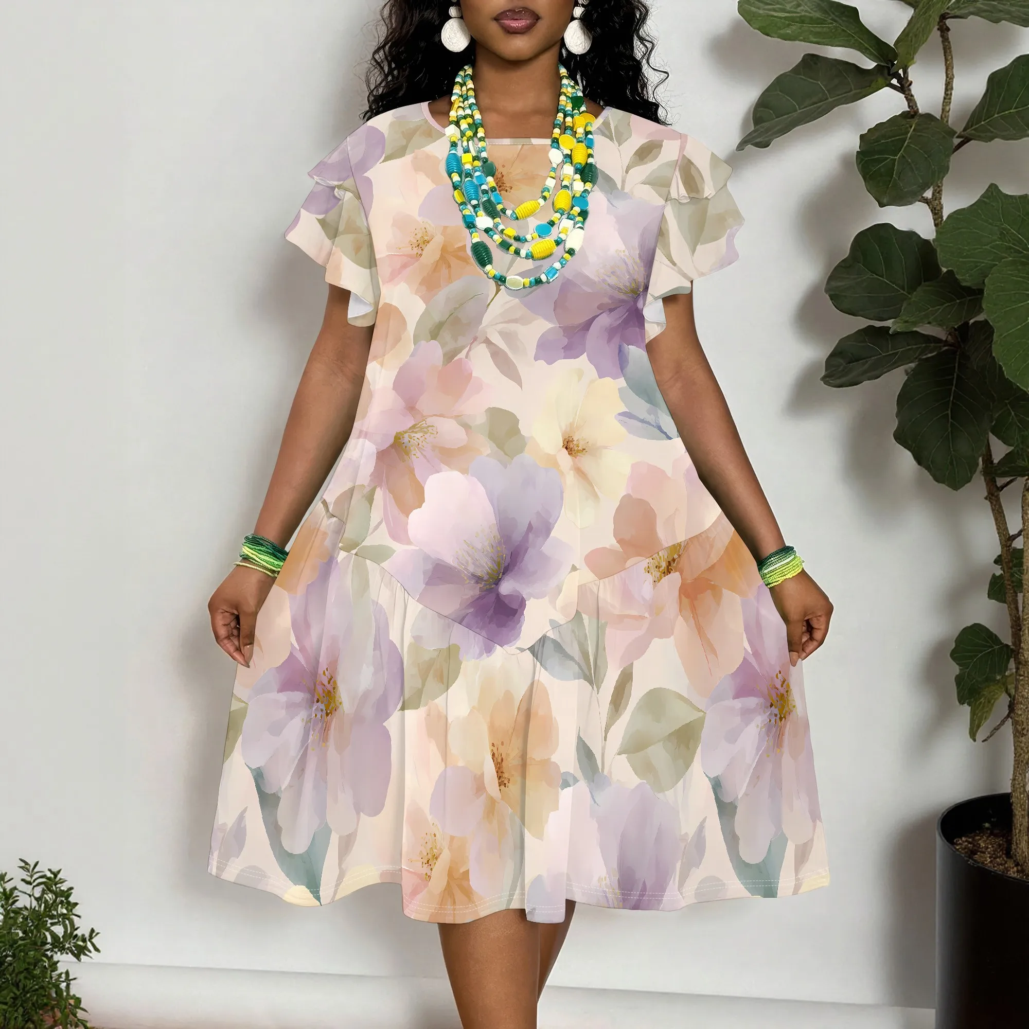 

Women's Plus Size Floral Print Short Sleeve Dress, Loose Fit A-Line Summer Midi Dress with Ruffle Sleeves