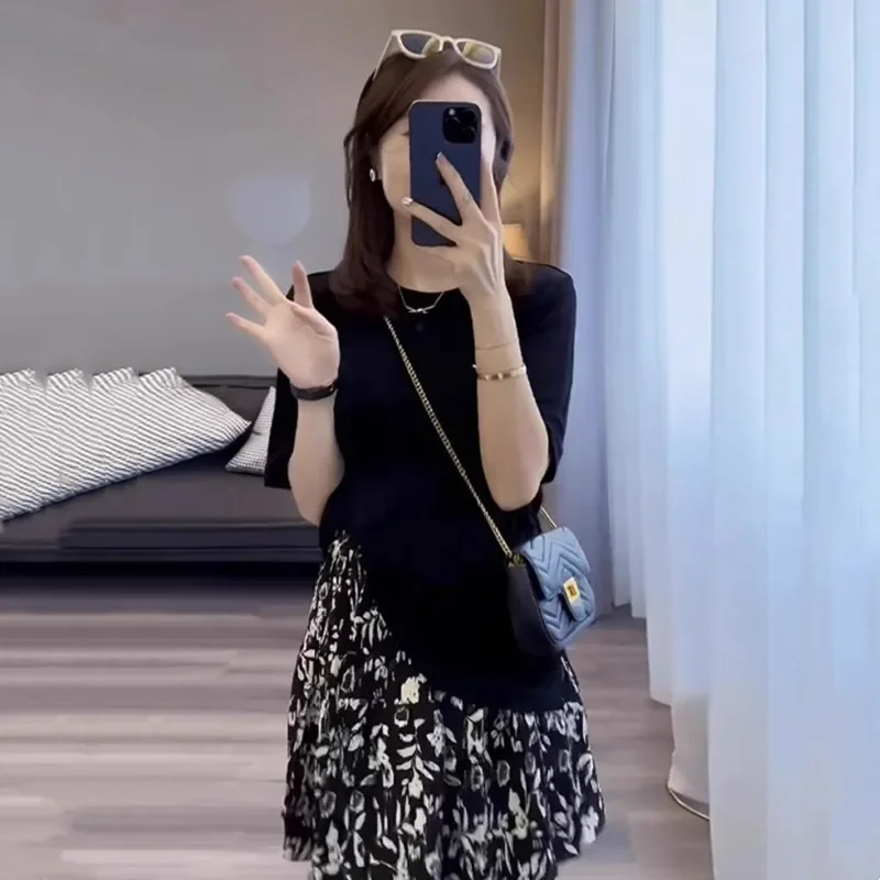 Verão feminino nova moda magro ajuste camiseta + saia impressa high-end conjunto de duas peças