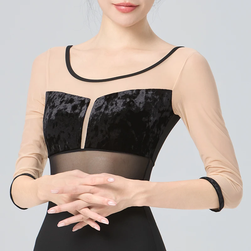 Ballet Leotards for Women Adult Half Sleeve Dance Bodysuits Nylon Mesh Velvet Splice Aerialist Yoga Bodysuits Gymnastics Leotard