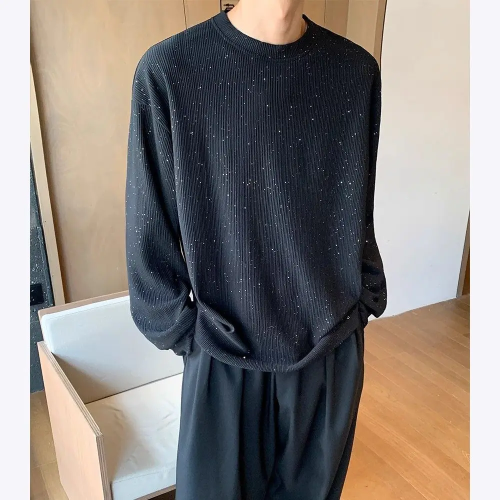 Spring Men O Neck Long Sleeve Sweatshirts Shiny Fashion All-match Casual Loose Inside Tops Tee Black White Stage Dance Costume
