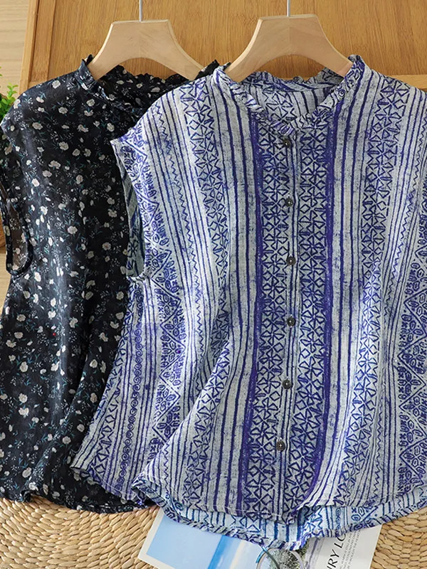 Elegant Printed Sleeveless Shirt for Women with Wood Grain  Design Artistic Style Slimming Printed Casual Summer Shirt