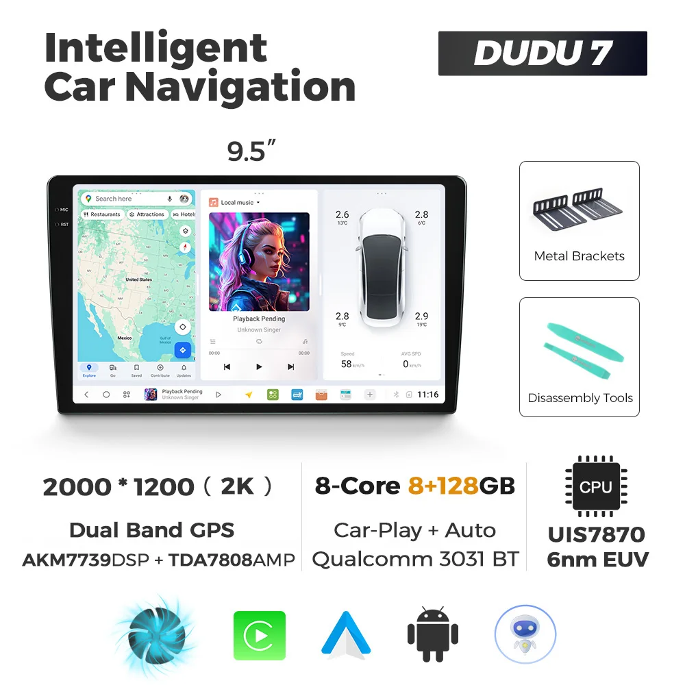 DUDUAUTO DUDU7 A7870 AKM7739 TDA7808 12 GB + 512 GB Android 13 Universele autoradio Draadloze Carplay Navigatie GPS Multimediaspeler