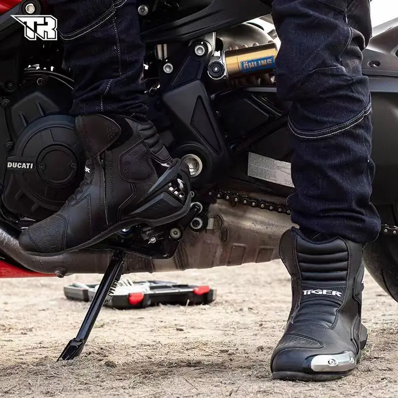 TR Black Boots Motorcycle Racing Anti-fall Reflective Riding Anti-collision  Off-road Rally Leather 4 Seasons Non-slip Shoes