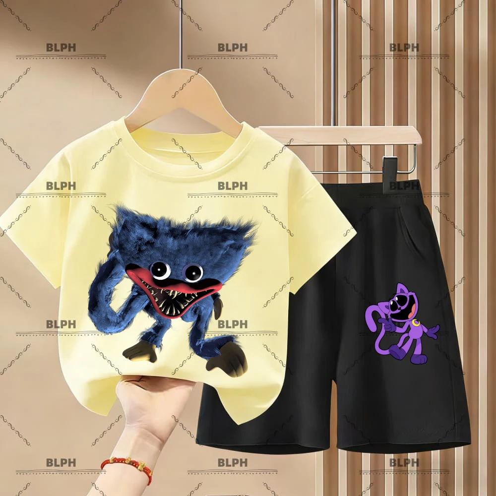 2026 New Poppy Playtime Huggy Wuggy Cotton Kids Summer T-shirt Shorts Set Cartoon Printed Casual Outfit for Boys Girls Children