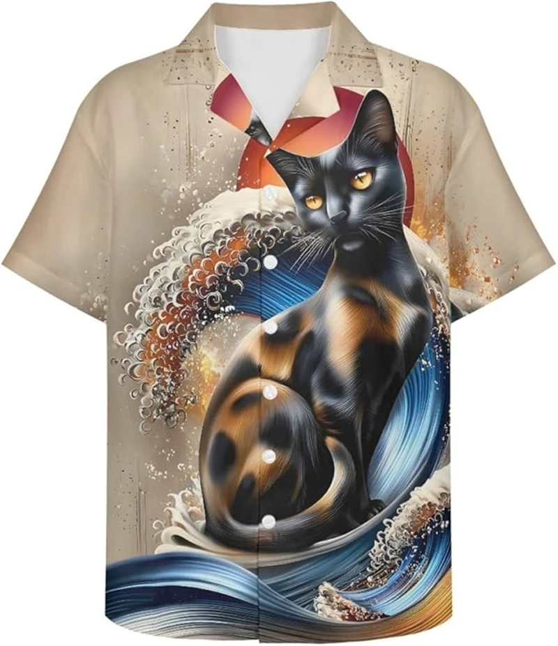 

Retro Short Sleeve 3d Print Ukiyoe Kitten Shirt Summer Casual Fun Hawaiian Funny Animal Print Lapel Short Sleeve Shirt Y2k Tops