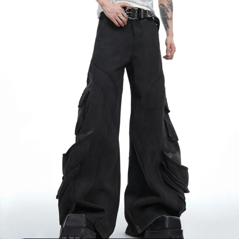 FEWQ Niche Distressed Washed Large Pocket Pleated Jeans Loose Wide Leg Workwear Pants Men Darkwear Male Trousers 24E1294