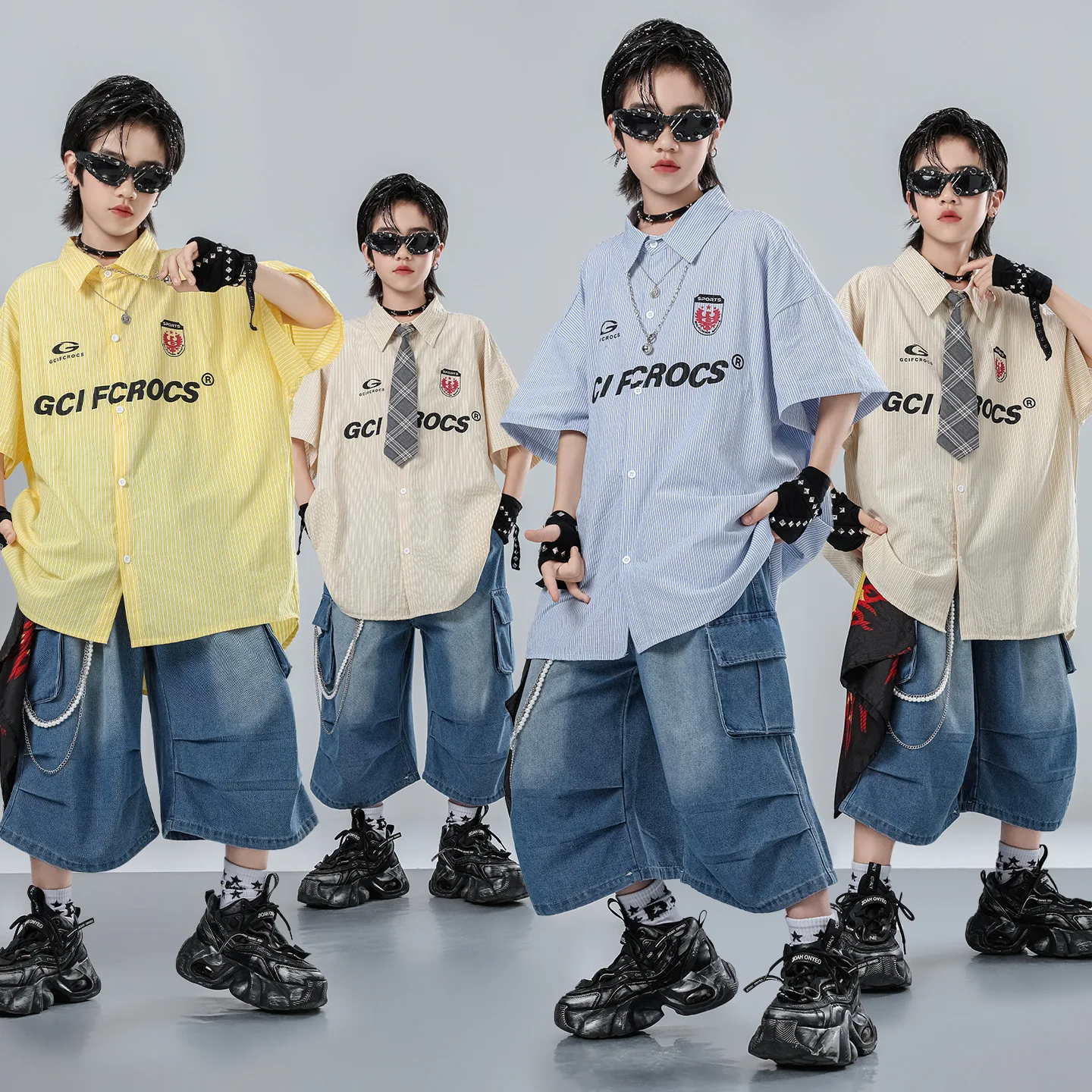 Kids Boys Girls Streetwear Hip Hop Short Sleeve Shirt Denim Shorts Jeans Sets Children Tracksuits Costume Performance Clothes