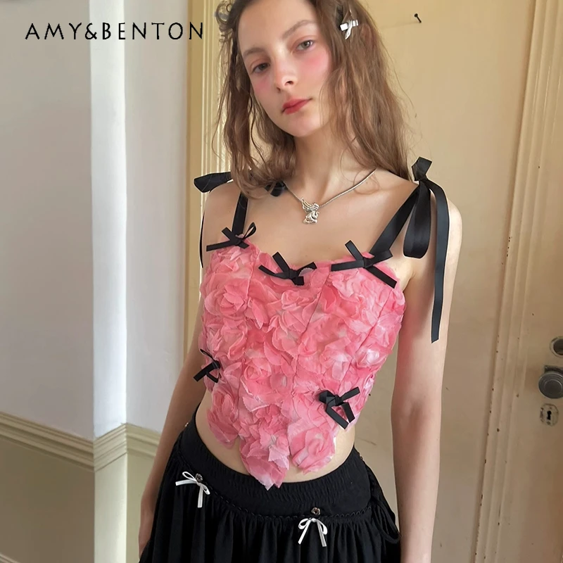 

Французская летняя новинка 2025, розовая женская одежда с цветочным принтом, оригинальный дизайн, 3D жаккардовый цветной блок, милый милый женский жилет на шнуровке с бантом