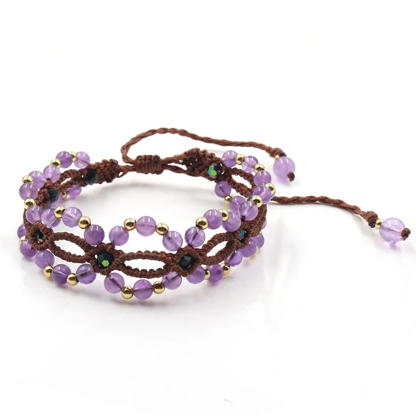 FYSL Handmade Weave Amethysts Stone Round Beads Stretchy Bracelet Light Yellow Gold Color Ethnic Style Jewelry