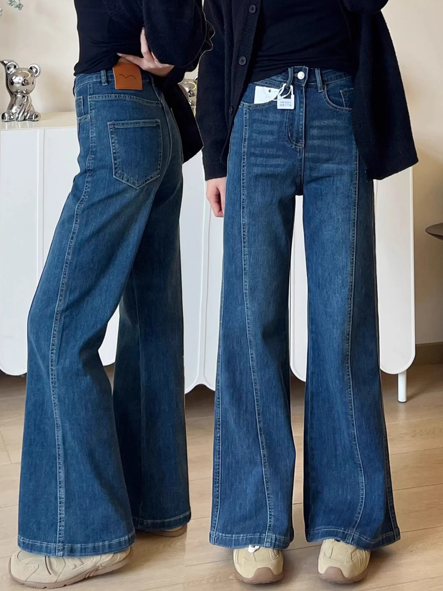 Blue Fleece Lined Flared Jeans Women's Autumn Winter High Waist Wide Leg Pants Pear Shape Body Concealing Slimming Long Trousers