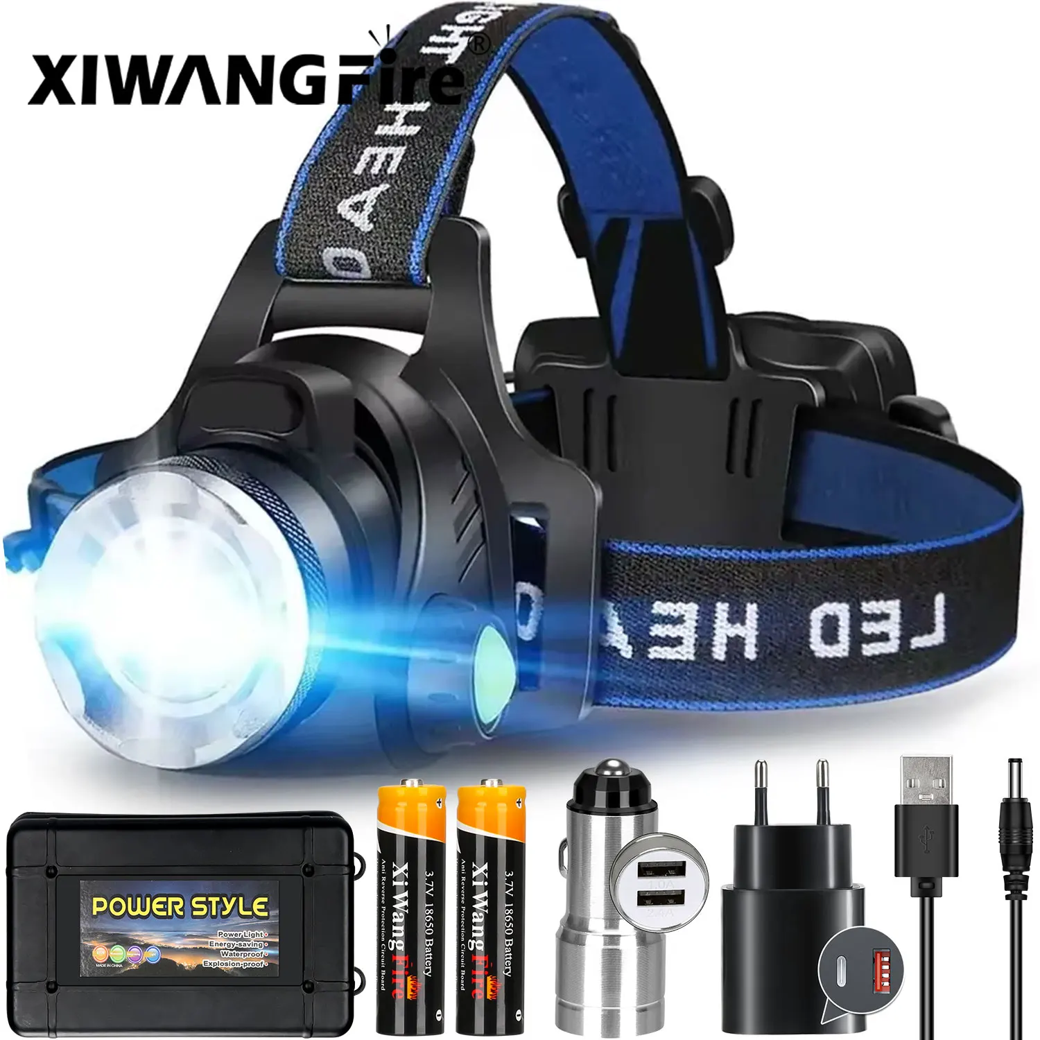 Heinast LED Headlamp Super Bright Variable Zoom T6 Headlight 3 Modes Waterproof Head Torch with 18650 Rechargeable Battery