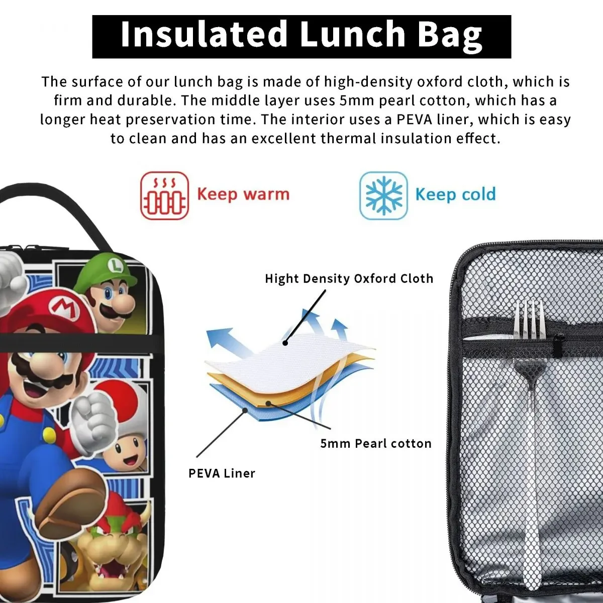 Borse per il pranzo Anime Super-Mario Borsa per il pranzo isolata Bento Box impermeabile Borse da picnic a tenuta stagna per donna Lavoro Scuola dei