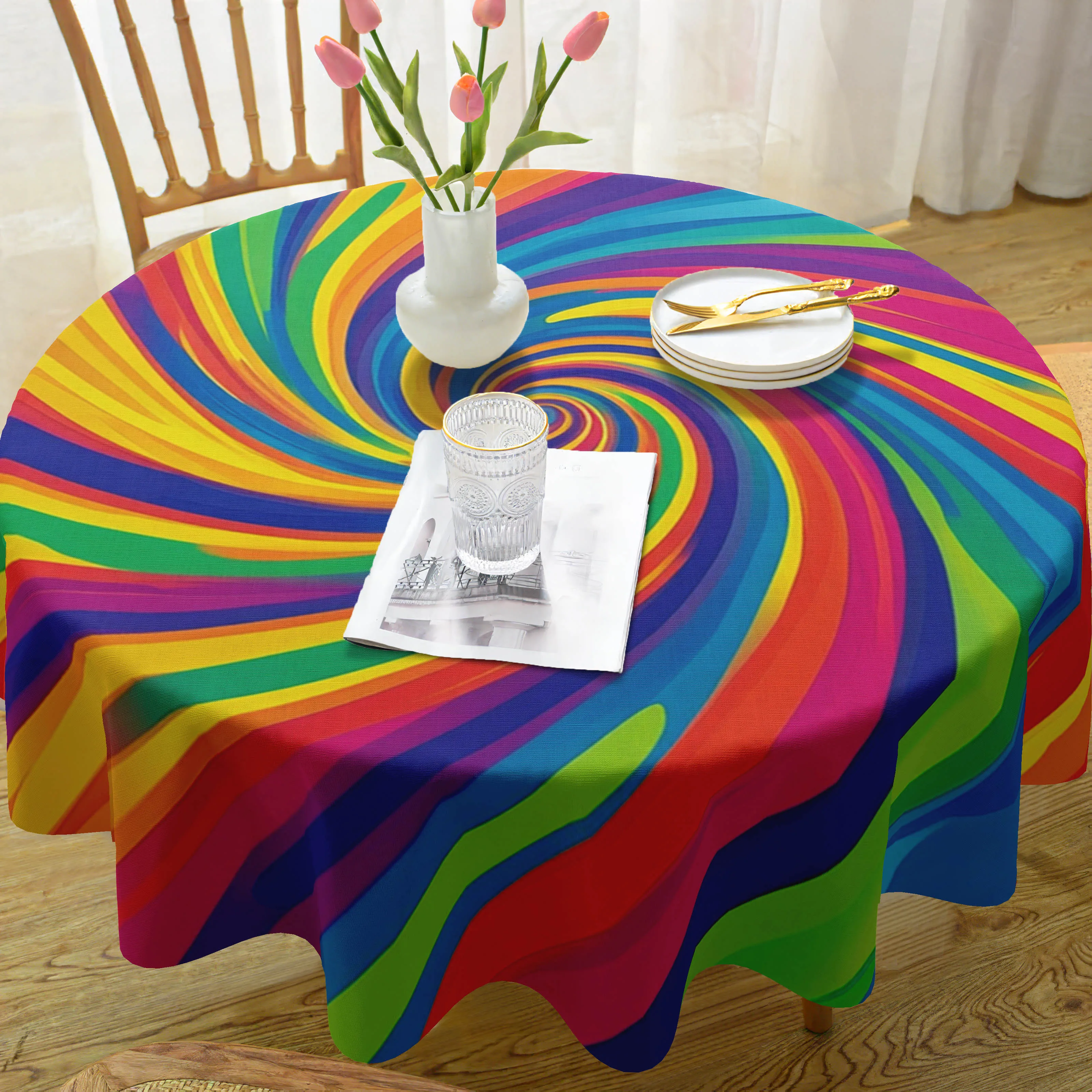 One round polyester tablecloth with a retro rainbow vortex design, a wrinkle-resistant colorful table cover.